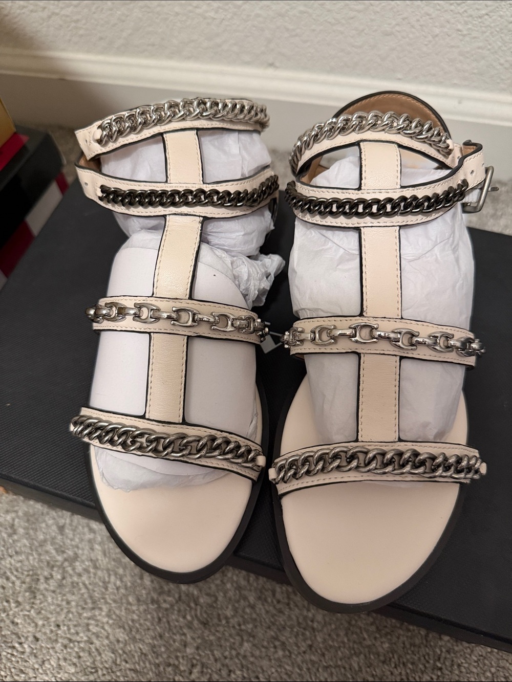 Coach Cream Leather Multi-Chain Flat Sandals